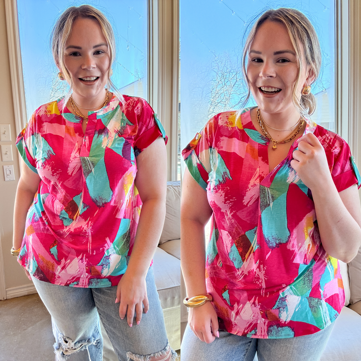 Downtown Darling Watercolor Short Sleeve Tunic Top in Pink Mix - Giddy Up Glamour Boutique