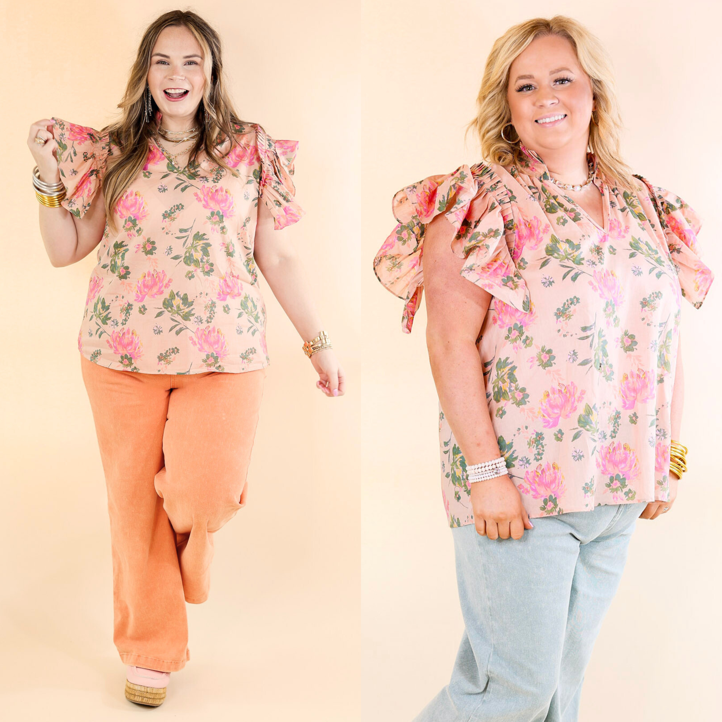 Blooming Chic Floral Print Top with Ruffle Cap Sleeves in Peach