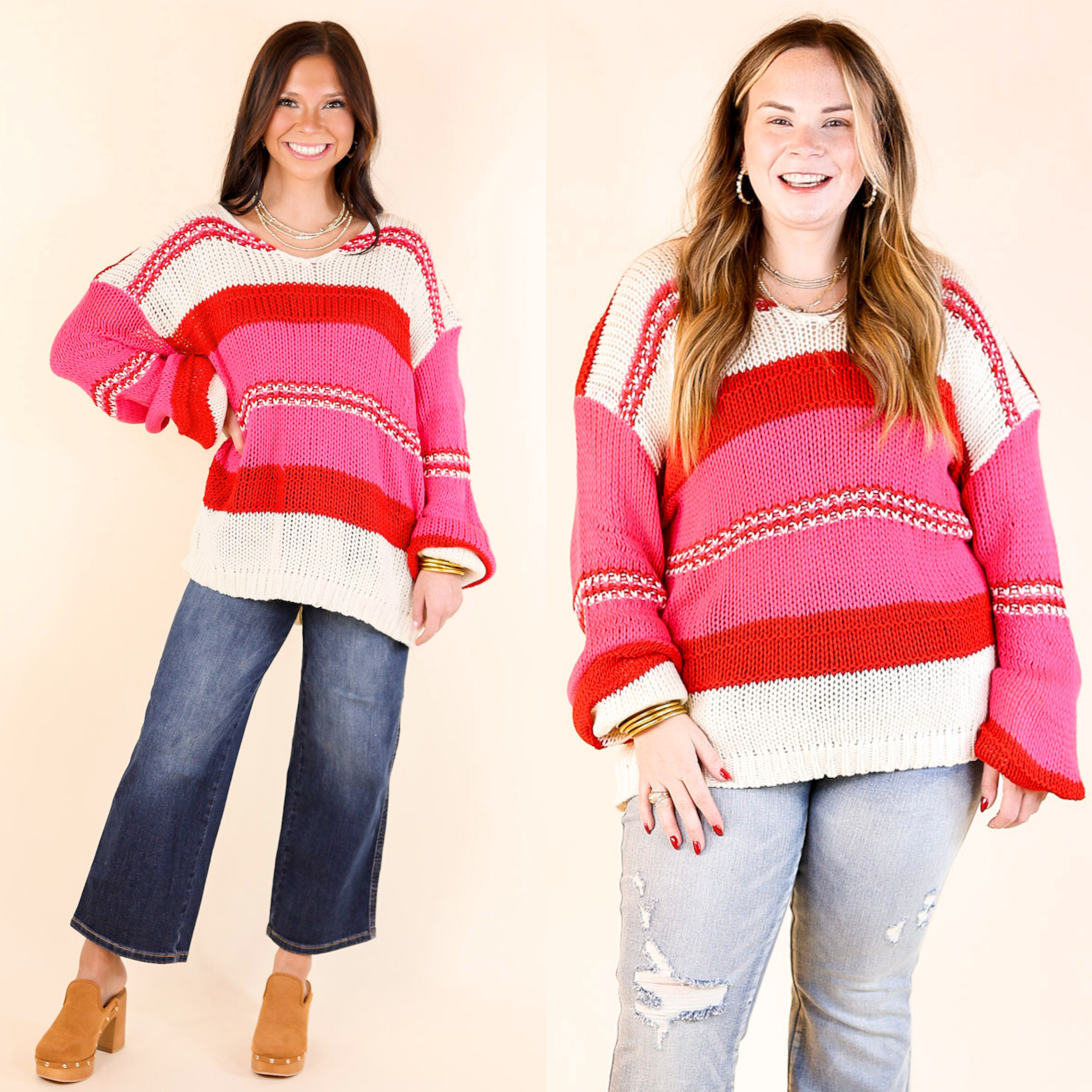 Cozy On Up Long Sleeve Striped Sweater in Red Mix