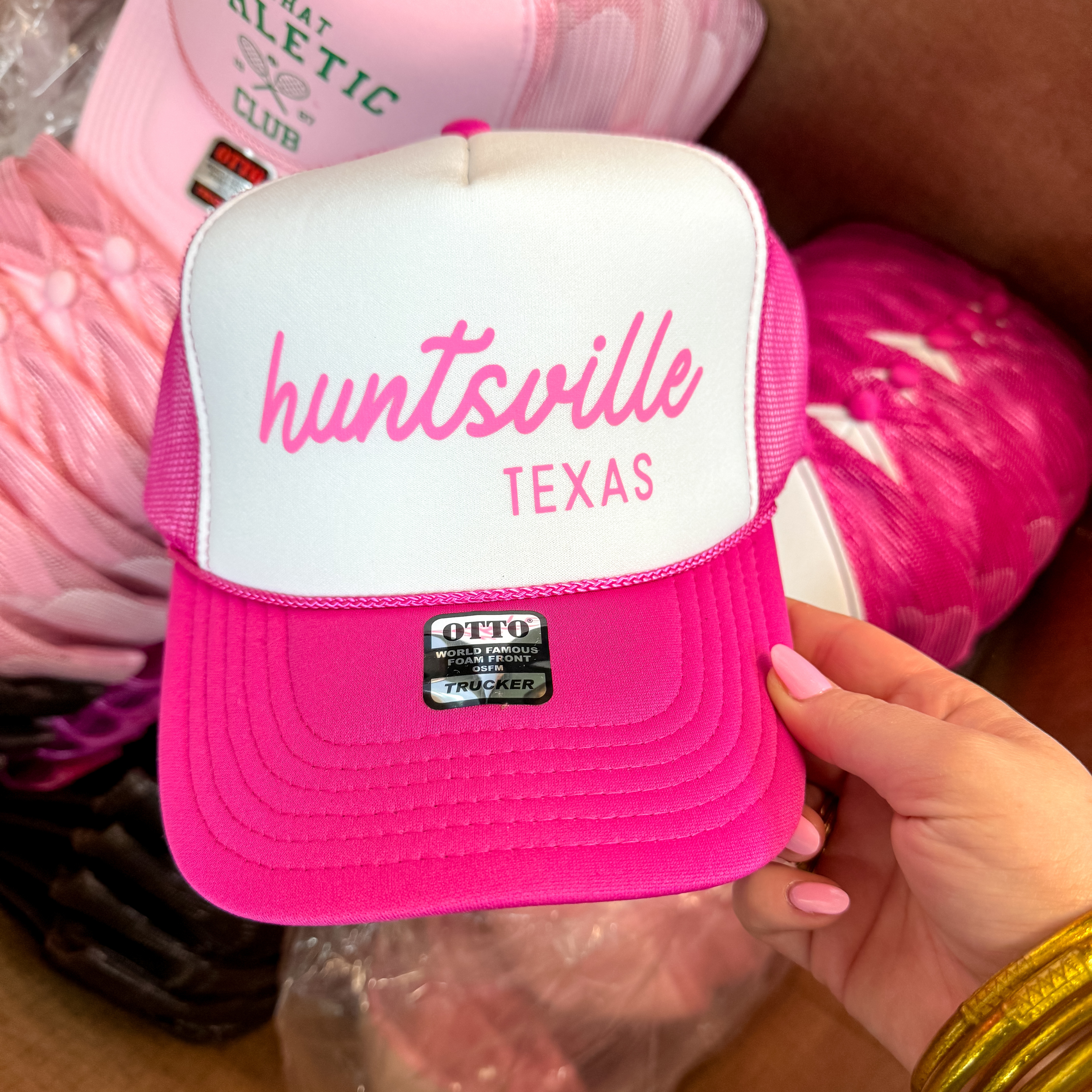 Huntsville Texas Foam Trucker Hat in Hot Pink and White - Giddy Up Glamour Boutique
