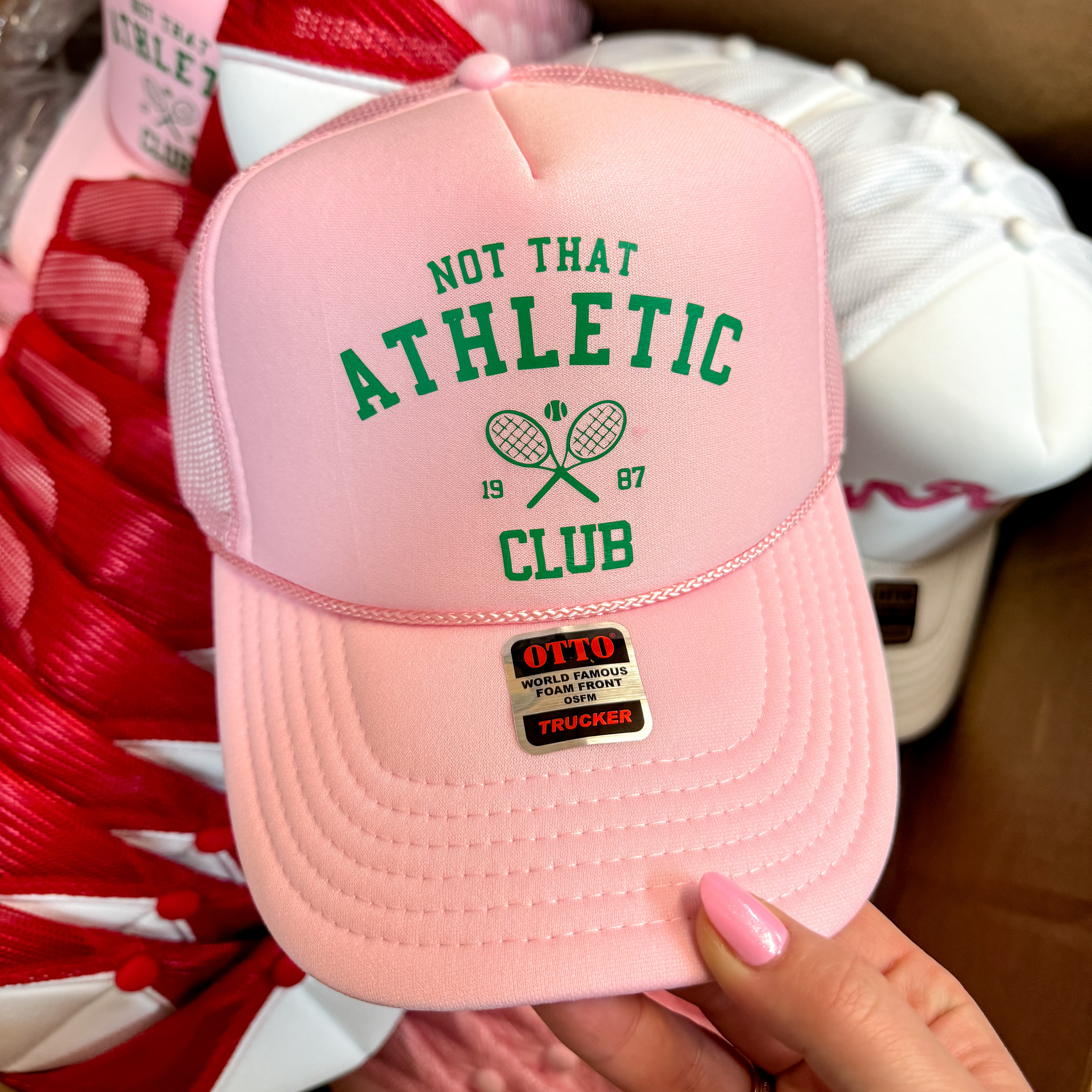 Not That Athletic Club Foam Trucker Hat in Light Pink - Giddy Up Glamour Boutique