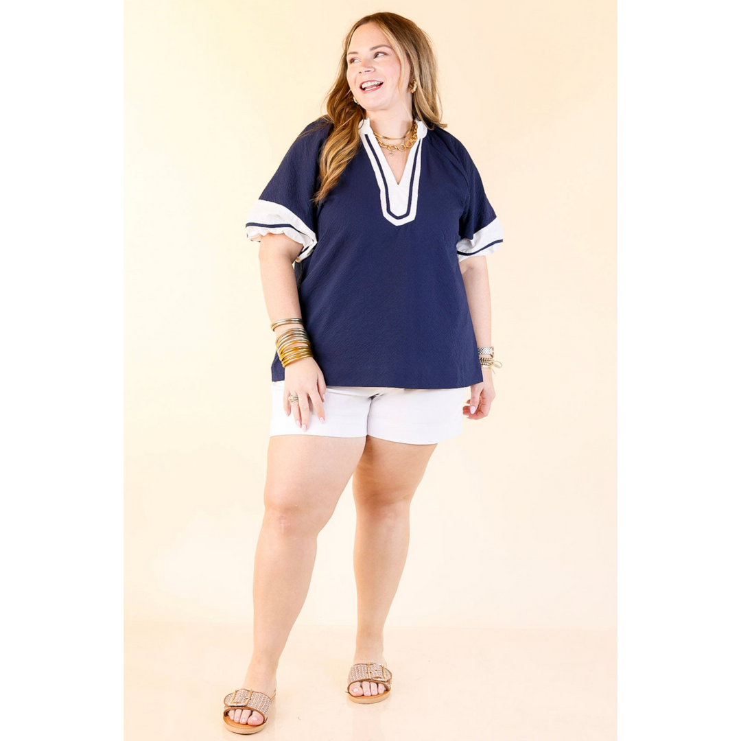 Polished Grace Textured V-Neck Blouse with Contrast Trim in Navy and Ivory