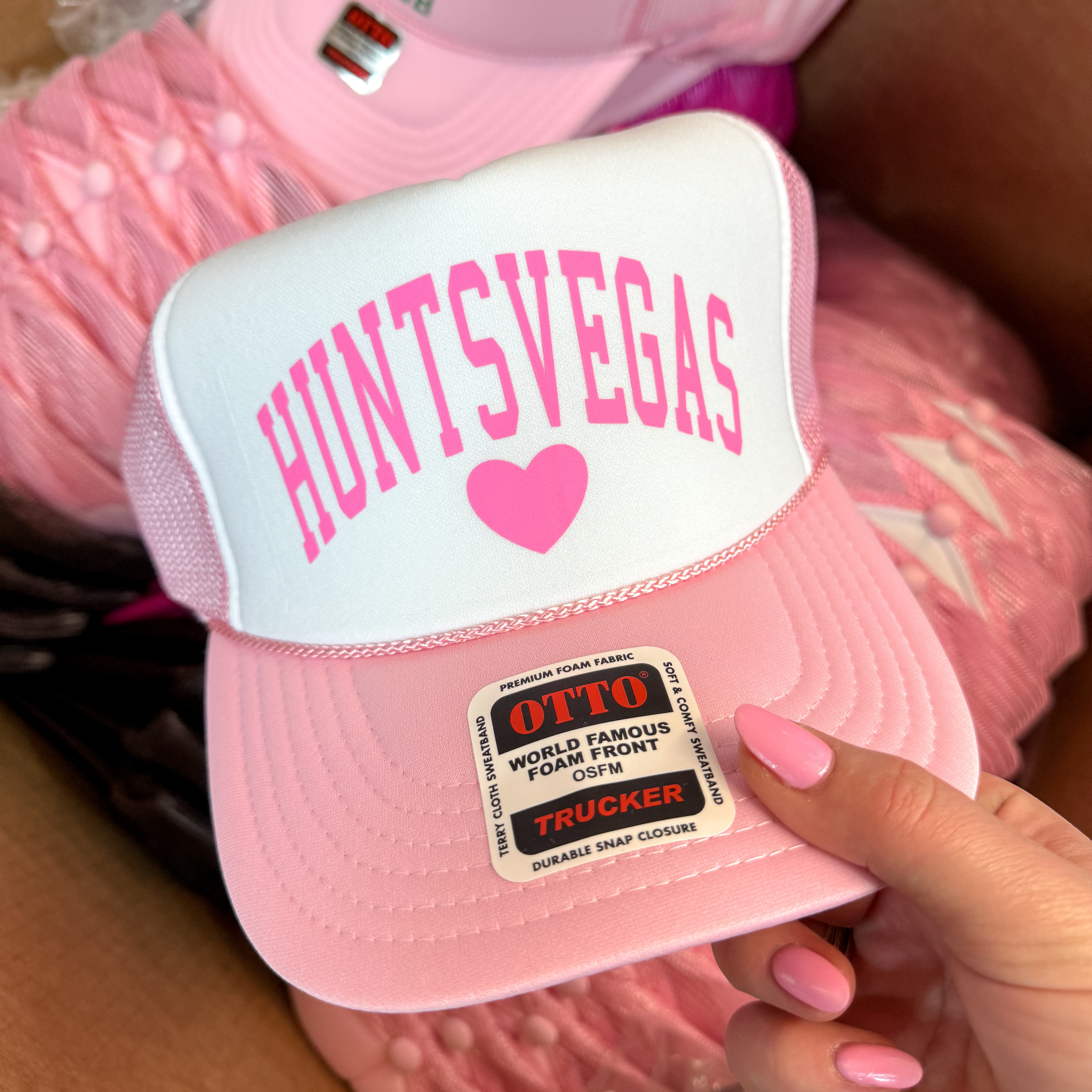 Huntsvegas Foam Trucker Hat in Light Pink - Giddy Up Glamour Boutique