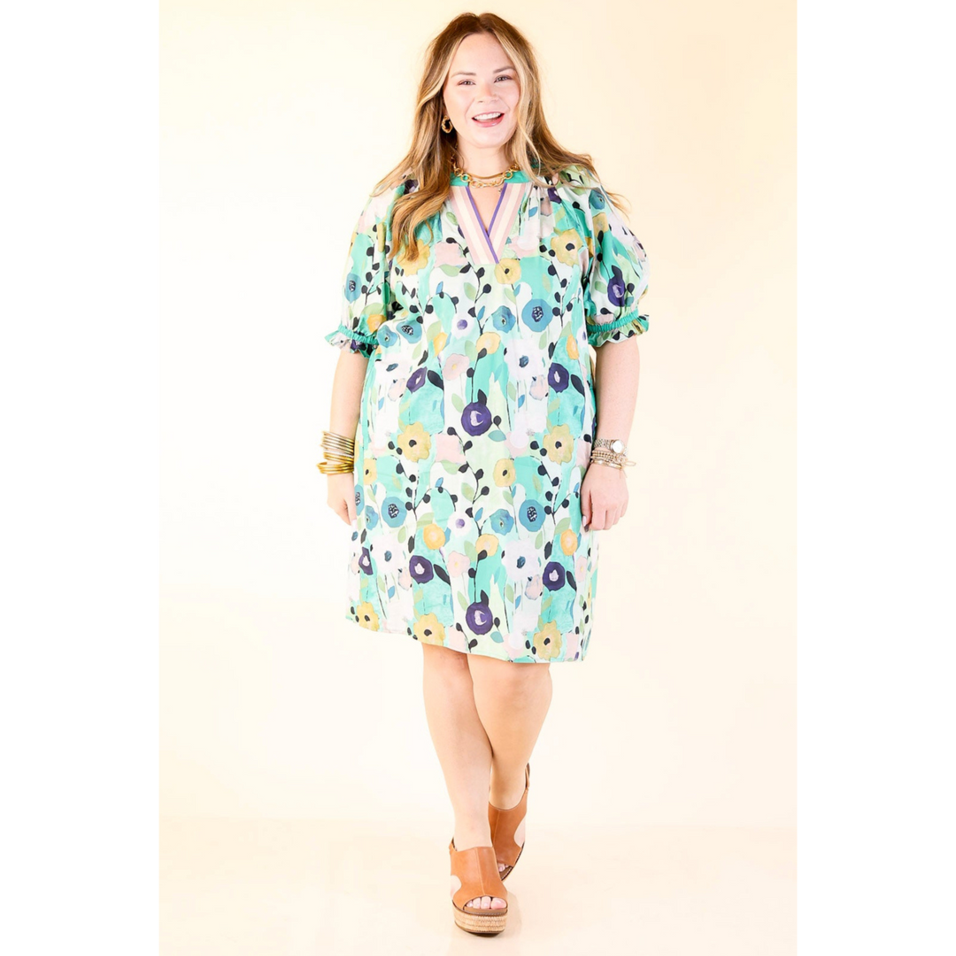 Painted in Petals Abstract Floral Dress with Striped V-Neck in Jade Mix