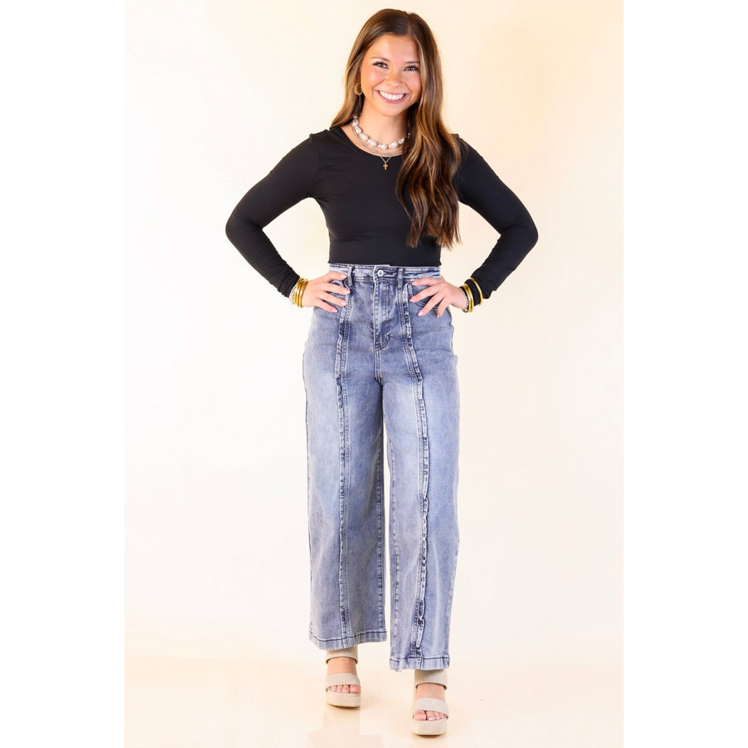 Ripple & Roll Denim Wide Leg Jean with Ruffled Front Seam in Acid Wash