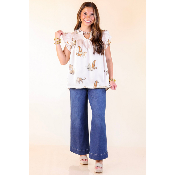 Wildly Sweet Leopard Print Blouse with Smoked Yoke and Ruffle Sleeves in Cream