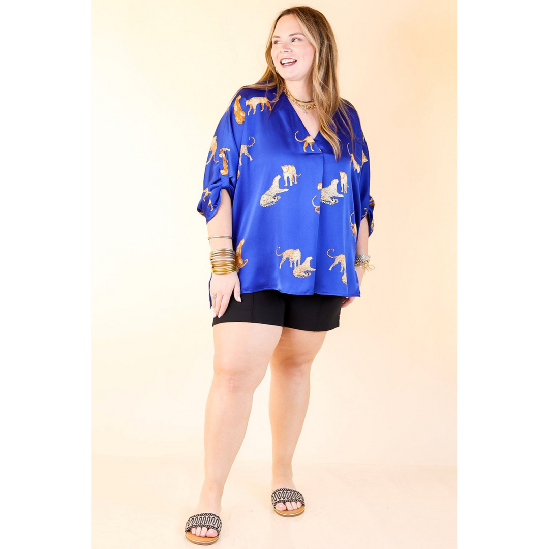 Staying Wild V-Neck Leopard Print 3/4 Sleeve Blouse in Royal Blue