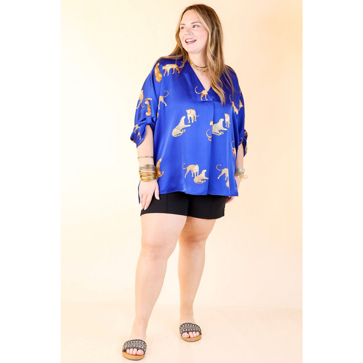 Staying Wild V-Neck Leopard Print 3/4 Sleeve Blouse in Royal Blue