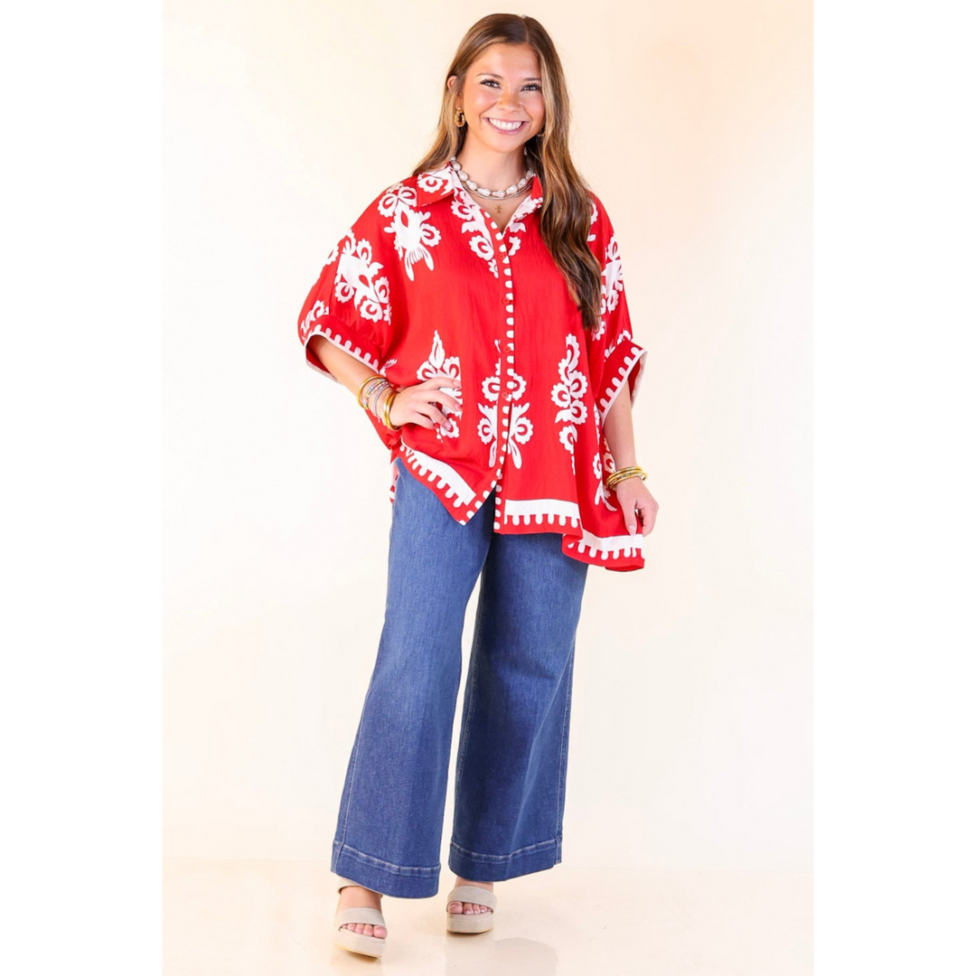 Classic Perfection Damask Print Button Up Collared Blouse in Red