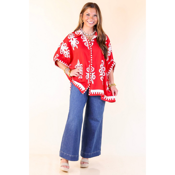 Classic Perfection Damask Print Button Up Collared Blouse in Red