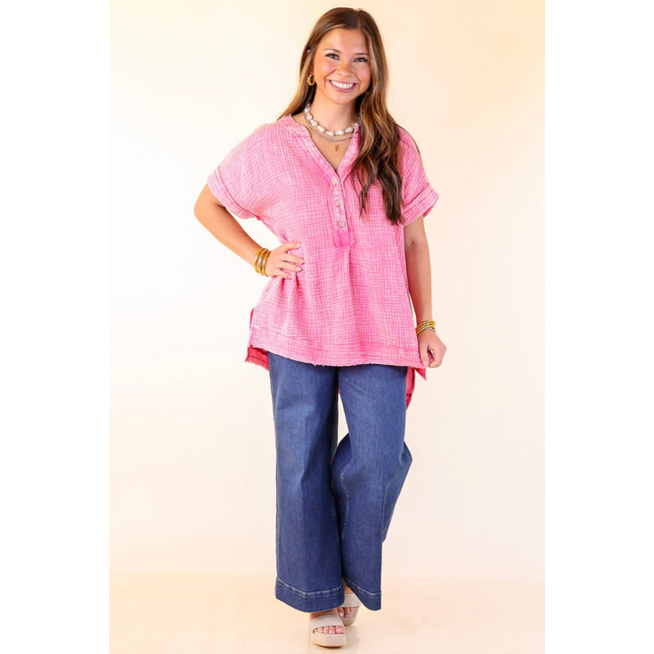 Simple Statement Quarter Button Up Short Drop Sleeve Shirt in Pink