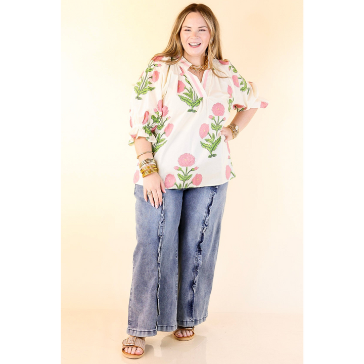 Polished in Petals Floral Print Blouse with Ruffle Sleeves in Cream