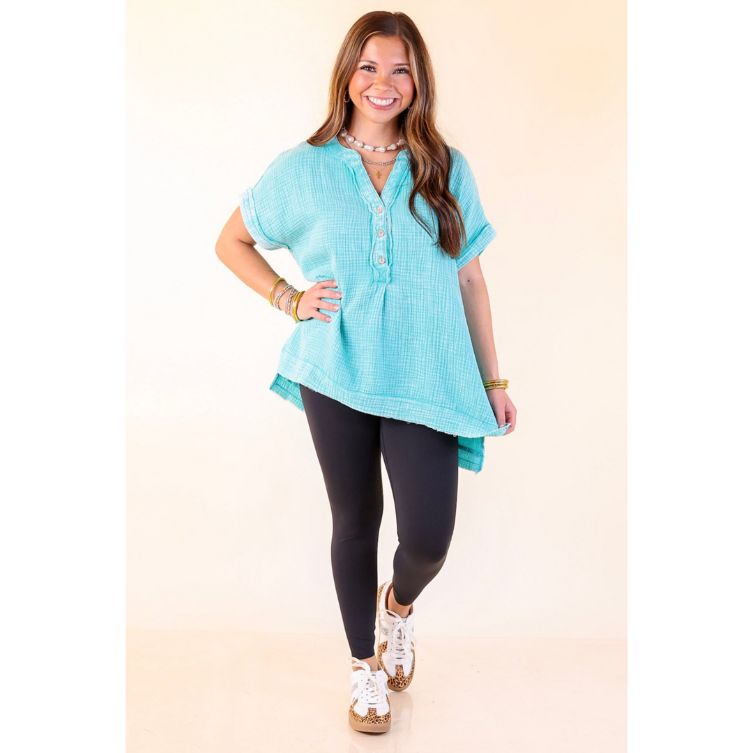 Simple Statement Quarter Button Up Short Drop Sleeve Shirt in Turquoise Blue