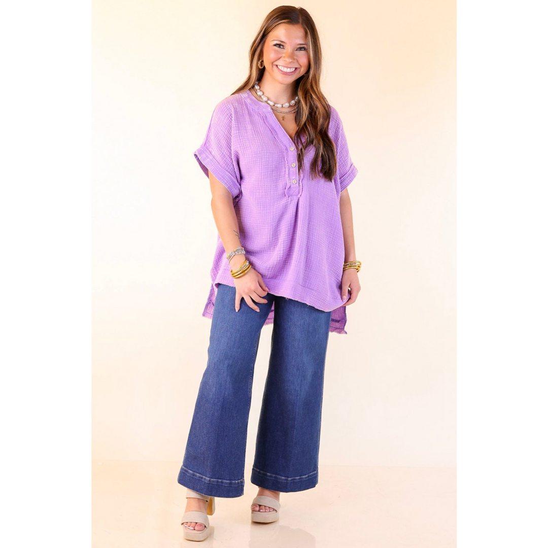 Simple Statement Quarter Button Up Short Drop Sleeve Shirt in Purple