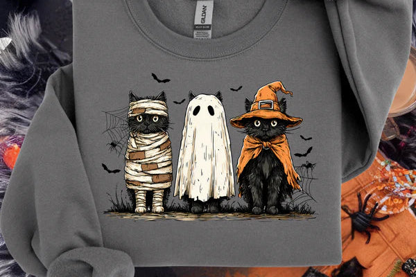 Online Exclusive | Spooky Cats Long Sleeve Graphic Sweatshirt in Charcoal Grey