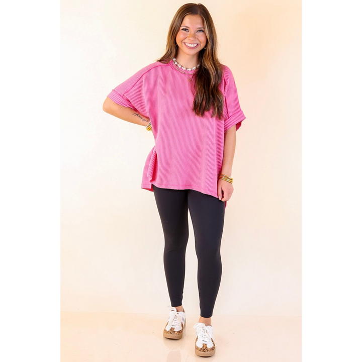 Daily Perfection Scoop Neck Short Sleeve Ribbed Top in Candy Pink