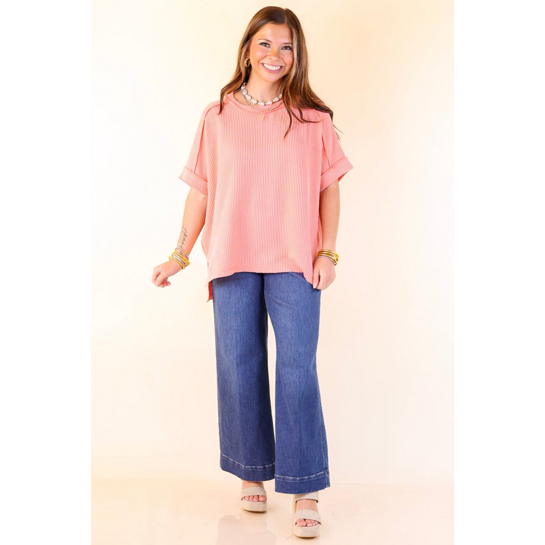 Daily Perfection Scoop Neck Short Sleeve Ribbed Top in Salmon Orange