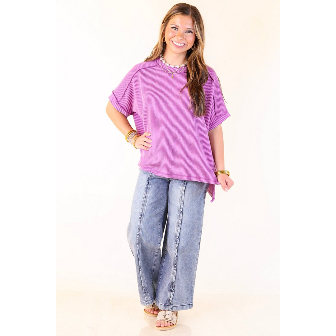 Daily Perfection Scoop Neck Short Sleeve Ribbed Top in Purple