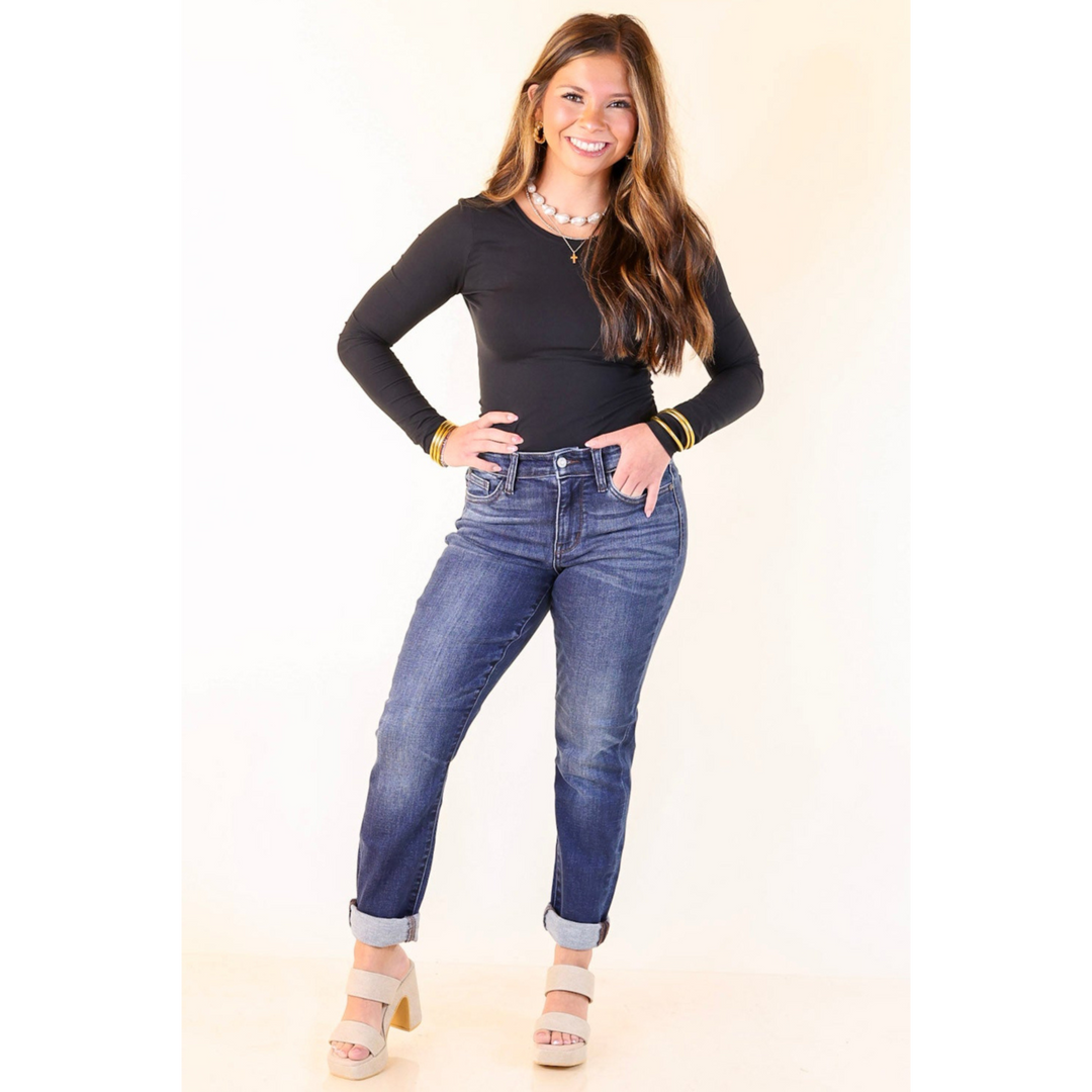 Judy Blue | On a Roll Cuffed Slim Fit Boyfriend Jeans in Dark Wash