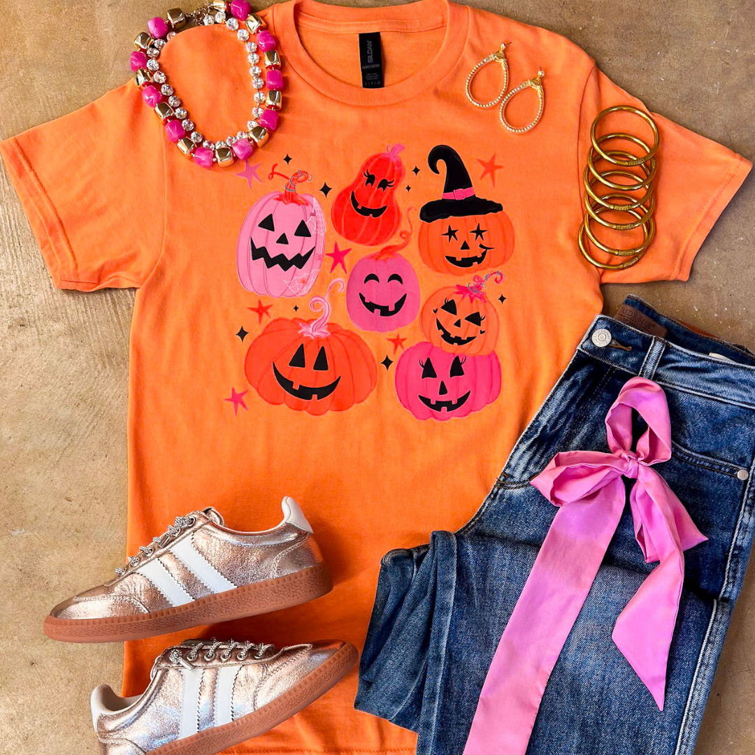 Up to No Gourd Pink &amp; Orange Jack-O’-Lantern Halloween Graphic Tee in Orange