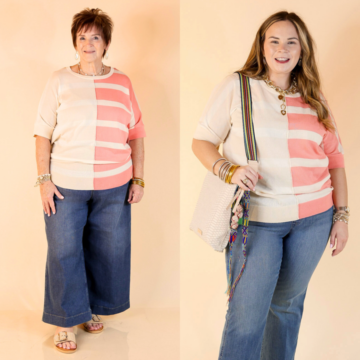 This top features short sleeves, a striped pattern in cream and coral hues, and a light knit material. Available in sizes small to 3XL.