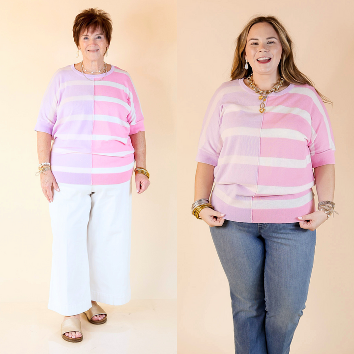 This top has short sleeves, a striped pattern in pink and purple hues, and a lightweight knit fabric. Available in sizes small to 3XL.