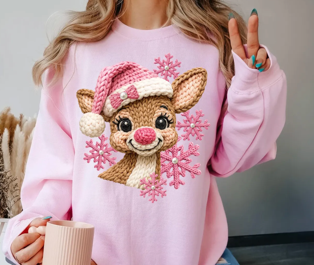 Custom Made to Order | Red Nose Deer Graphic Tee or Sweatshirt in Multiple Printing Options on Light Pink