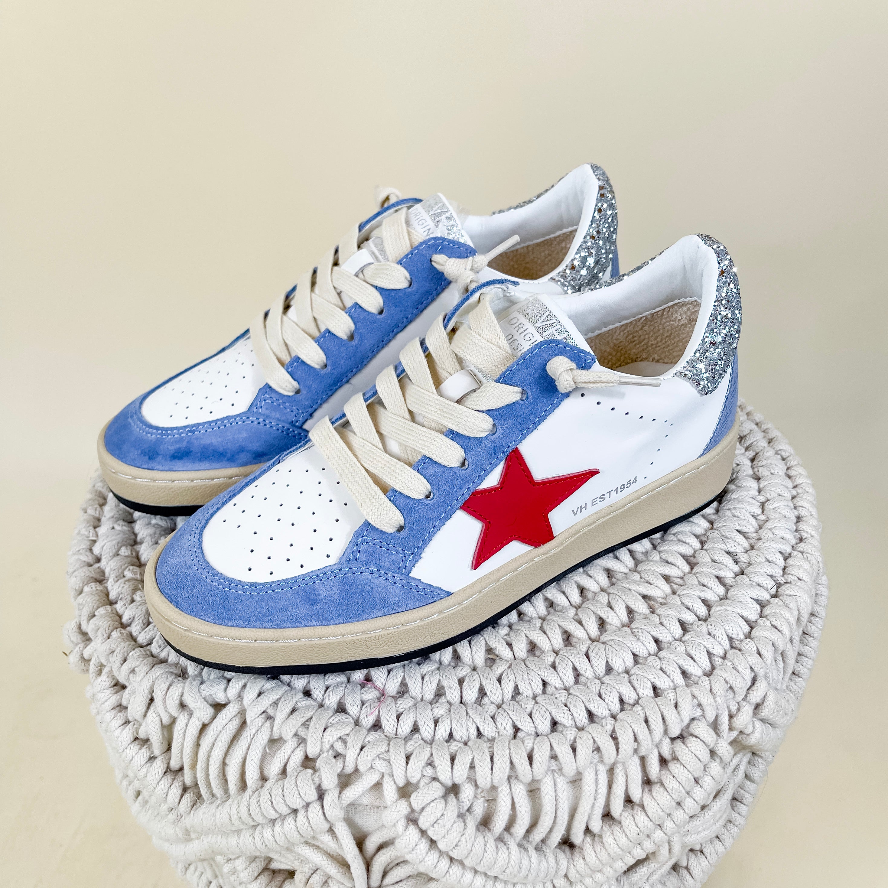 Vintage Havana | Denisse 25 Sneakers in Blue, Red, and Silver Glitter