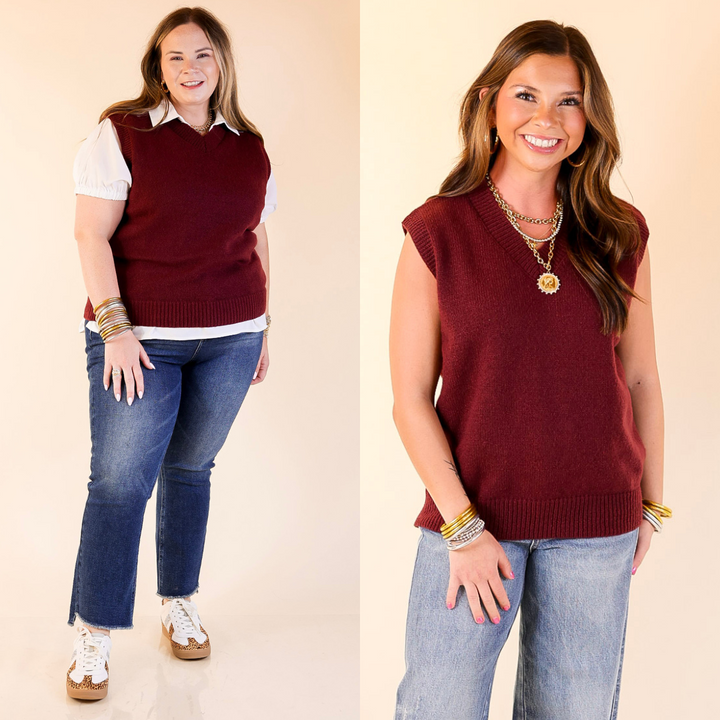 Two images of a woman wearing a maroon sweater vest with a plain background.