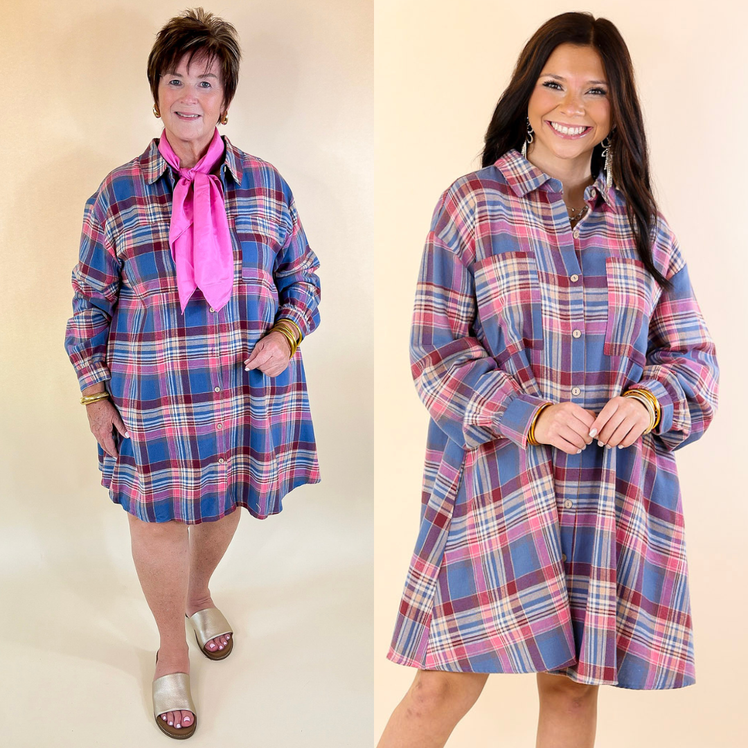 Vibrant Lifestyle Plaid Button Up Dress in Dusty Blue and Pink