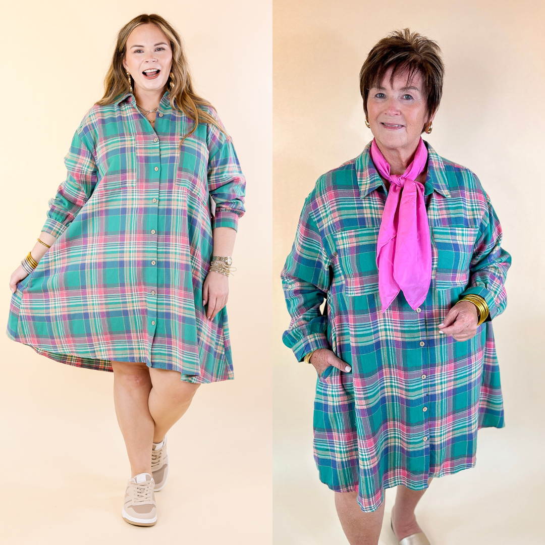 Vibrant Lifestyle Plaid Button Up Dress in Teal and Pink