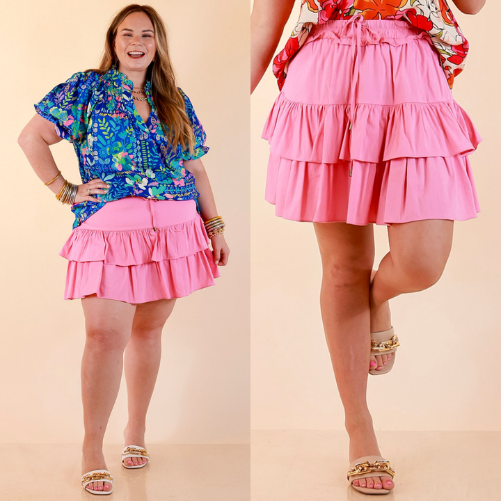 Vibrant Vibes Tiered Skort with Drawstring Waist in Pink