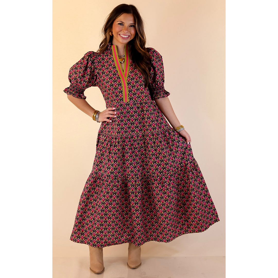 Vibrant Vision Floral Print Maxi Dress with Puff Sleeves and Contrast Trim in Black