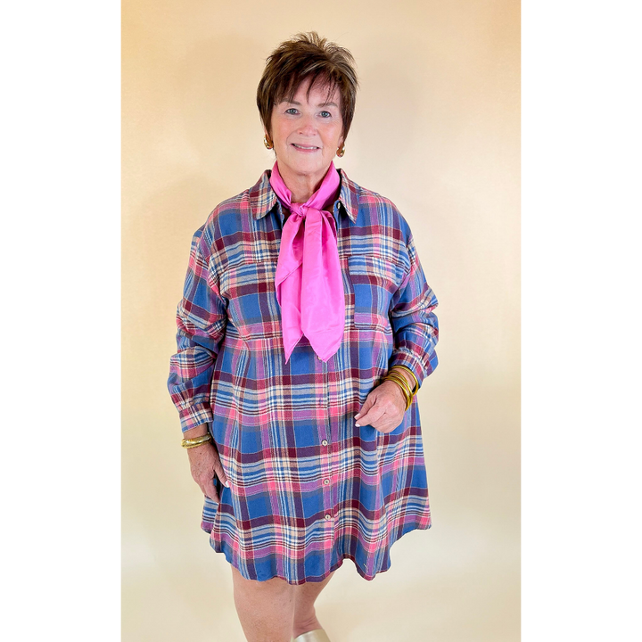Vibrant Lifestyle Plaid Button Up Dress in Dusty Blue and Pink
