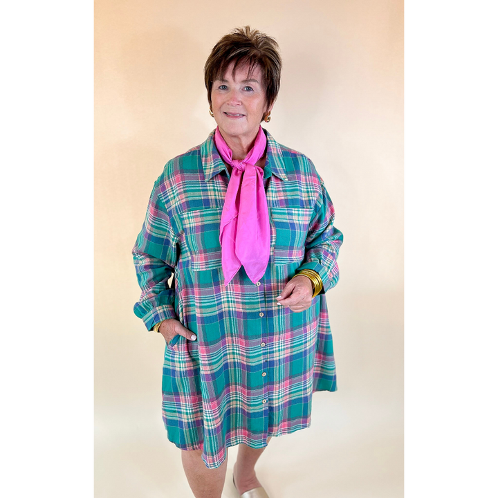 Vibrant Lifestyle Plaid Button Up Dress in Teal and Pink