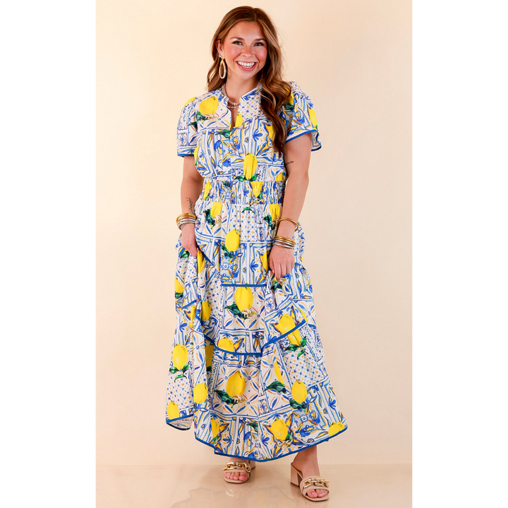 Villa Views Lemon and Tile Abstract Print Tiered Midi Dress in Blue and Yellow