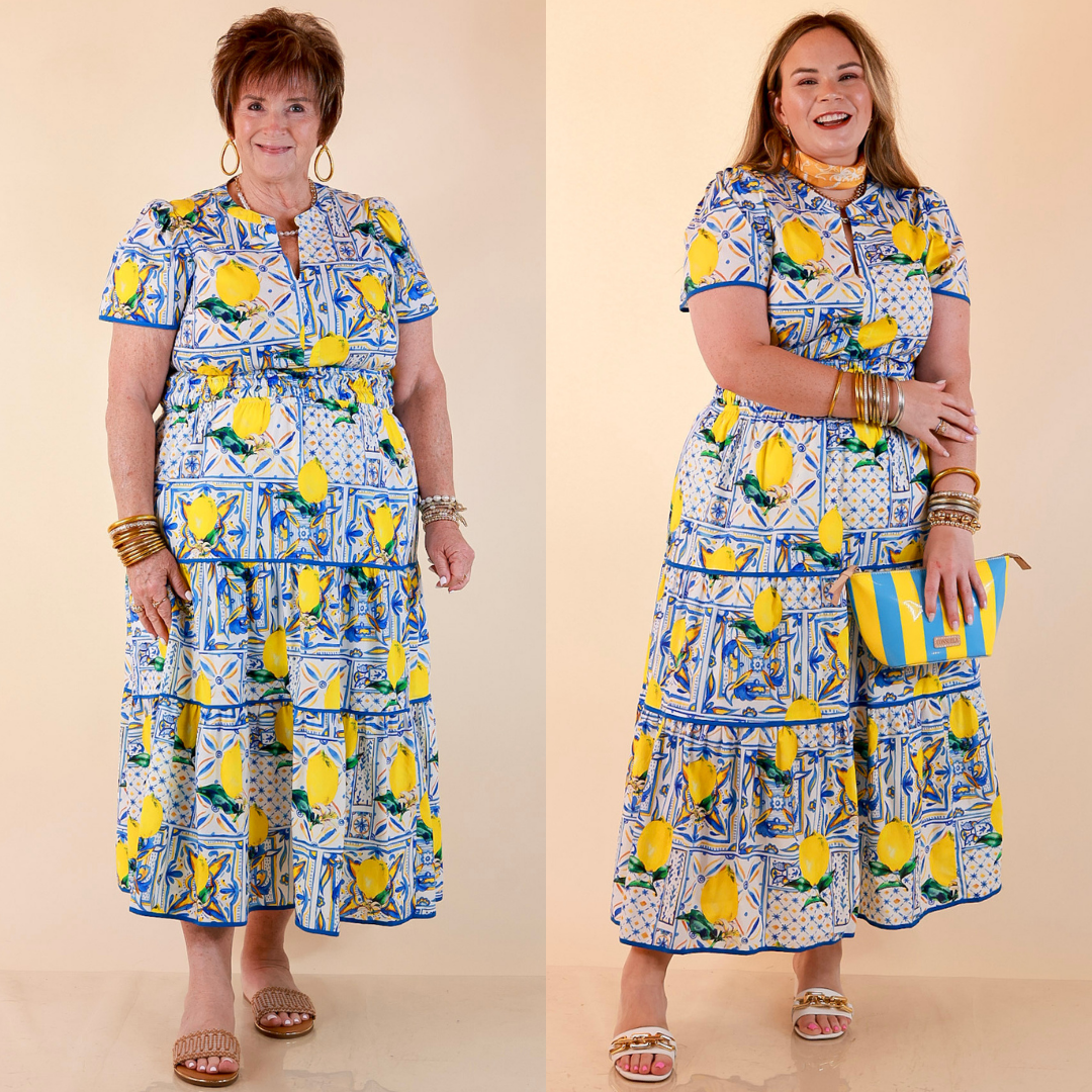 Villa Views Lemon and Tile Abstract Print Tiered Midi Dress in Blue and Yellow