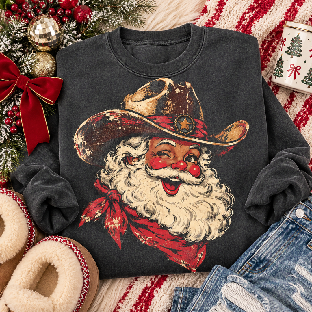 Vintage Cowboy Santa Christmas graphic tee or sweatshirt on charcoal with a winking vintage Santa in a cowboy hat and red bandana