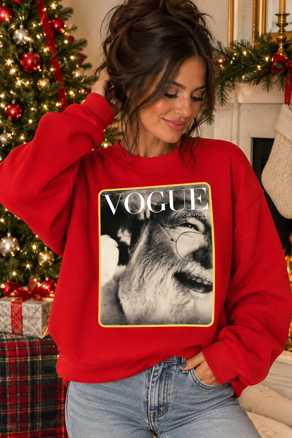 Vogue Santa Christmas graphic tee or sweatshirt on red with a black and white magazine cover-style Santa portrait