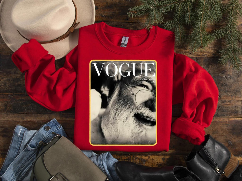 Vogue Santa Christmas graphic tee or sweatshirt on red with a black and white magazine cover-style Santa portrait