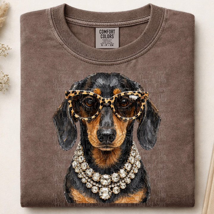 Online Exclusive | Boujee Black Weenie Dog Graphic Tee or Sweatshirt in Multiple Printing Options on Ivory and Chocolate Brown