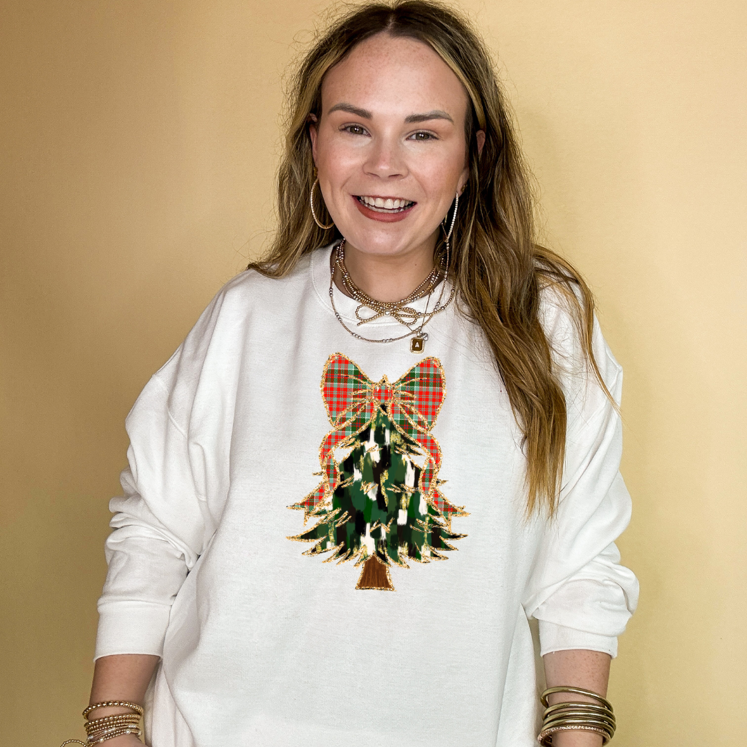 Online Exclusive | Christmas Tree Watercolor with Plaid Bow Graphic Sweatshirt in Multiple Color Options