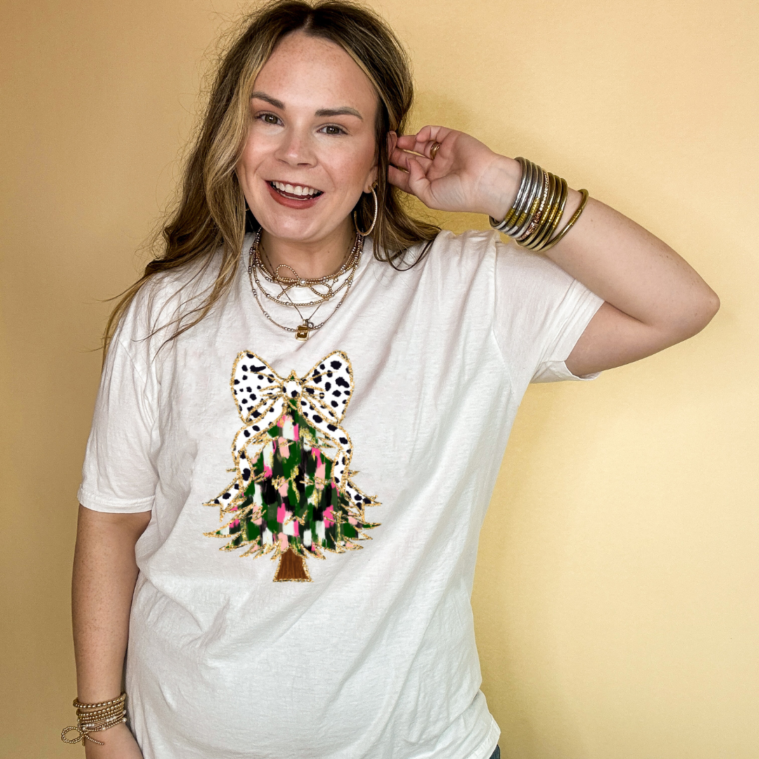 Online Exclusive | Christmas Tree Watercolor with Dalmatian Bow Graphic Tee in Multiple Color Options