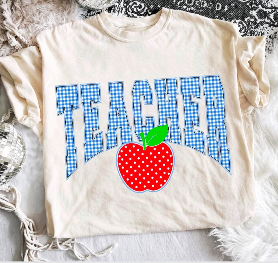Custom Made to Order | Gingham Teacher Apple Graphic Tee or Sweatshirt in Multiple Printing Options on Ivory