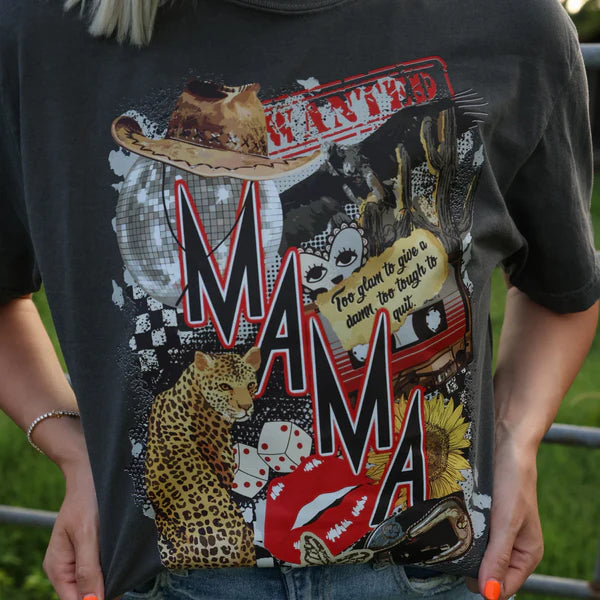 Person wearing a black t-shirt with colorful graphic design featuring the word &