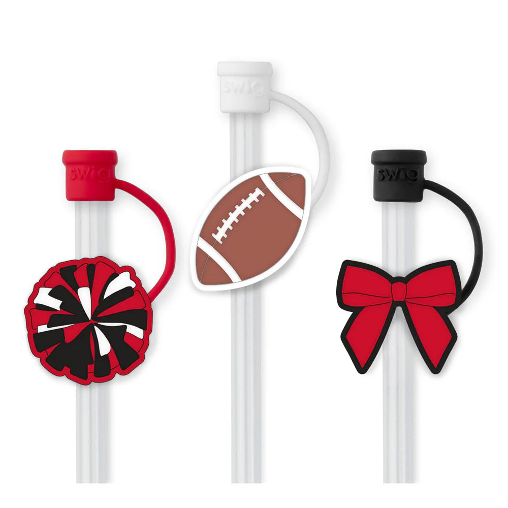 Three SwipStraws with decorative ends shaped like a football, cheerleading pom-pom, and bow on a white background.
