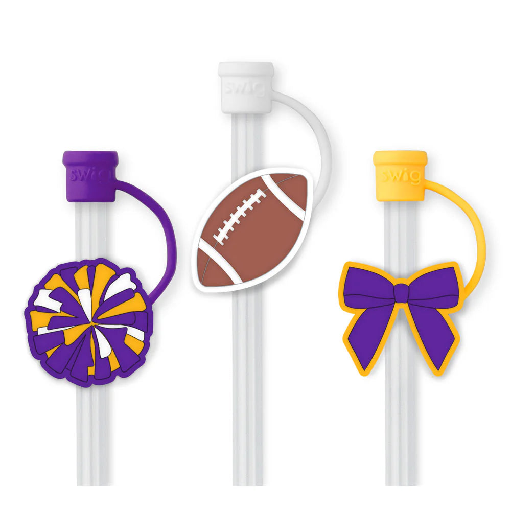 Three clear straws with colorful ends shaped like a football, cheerleading pom-pom, and bow on a white background.
