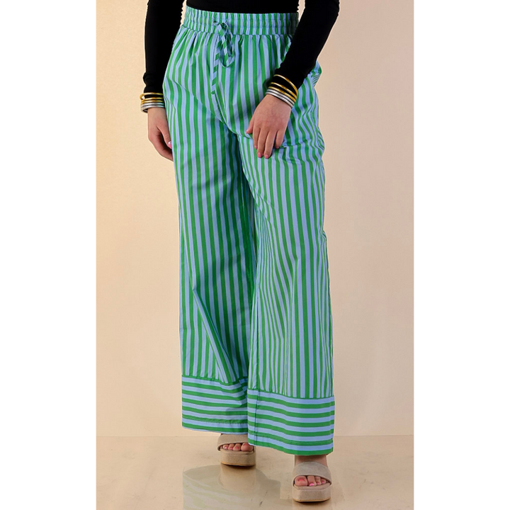 Weekend Energy Striped Drawstring Wide Leg Pants in Green and Blue