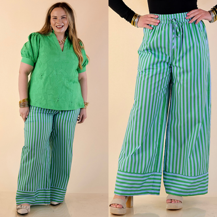 Weekend Energy Striped Drawstring Wide Leg Pants in Green and Blue