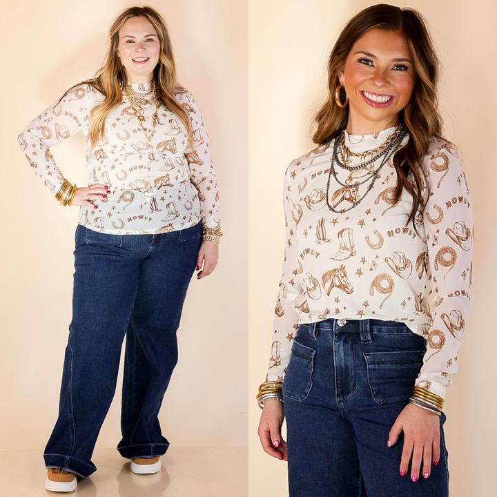 Models are wearing brown western icon print mesh long sleeve top and blue jeans on a beige background